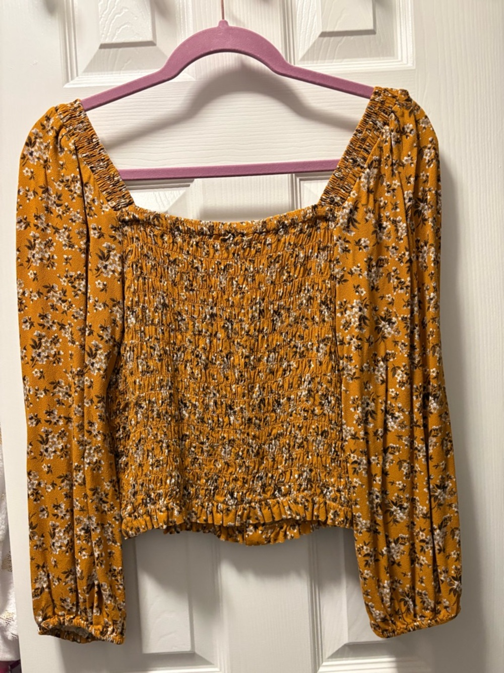 American Eagle Outfitters Mustard Floral Smocked Button-Front Blouse - Picture 2 of 2